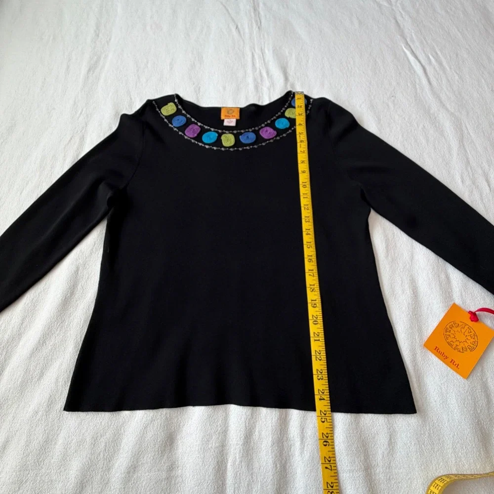 Ruby Rd Womens XL Black Knit Top Embellished Spiral Neckline Long Sleeve NWT